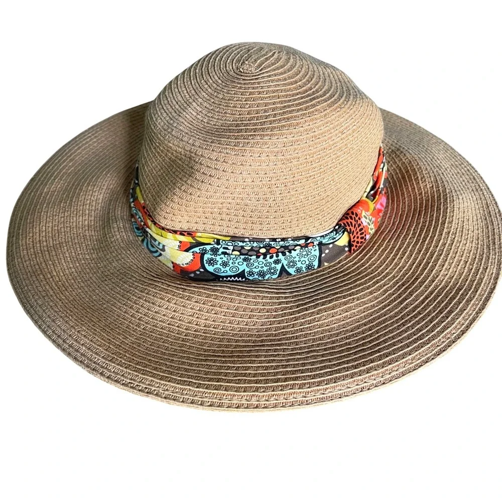 Vera Bradley Sun Hat Womens One Size Tan Straw Wide Brim Floral Band Boho Summer